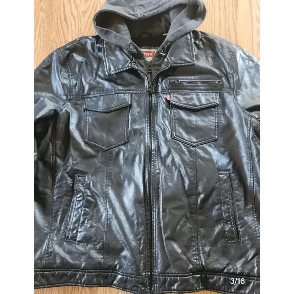 O2 Levi Strauss & Co Black soft Faux Leather Sherpa-Lined Moto Jacket w Hoodie
